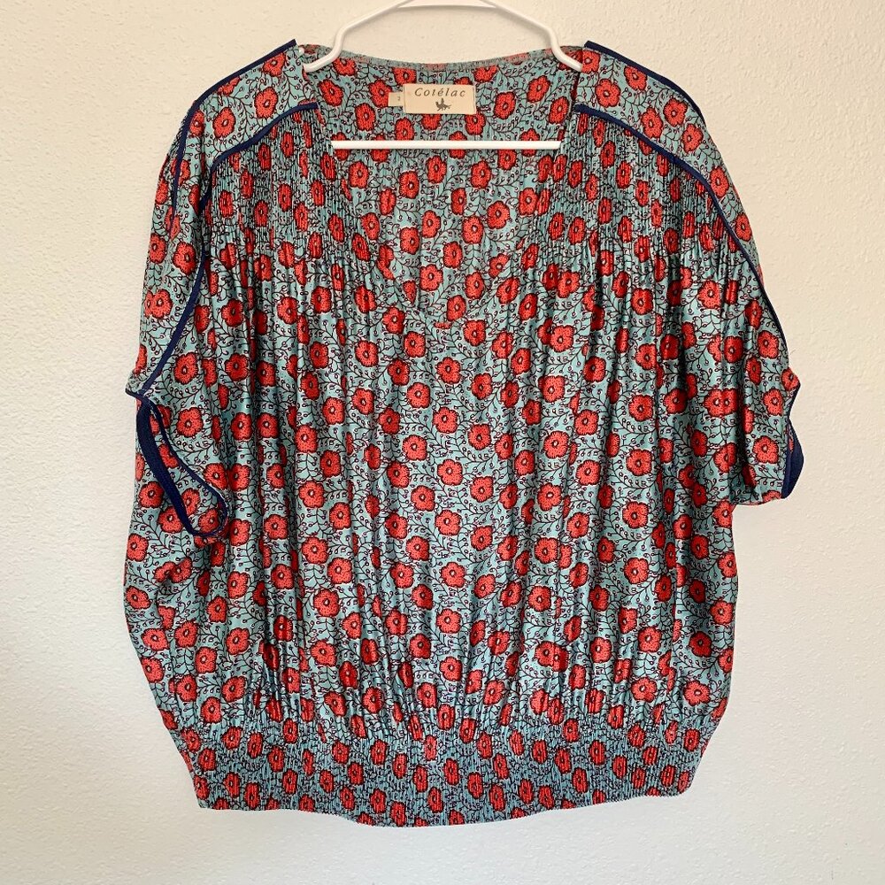 Colfax Floral Short-Sleeve Blouse in Red and Light Blue